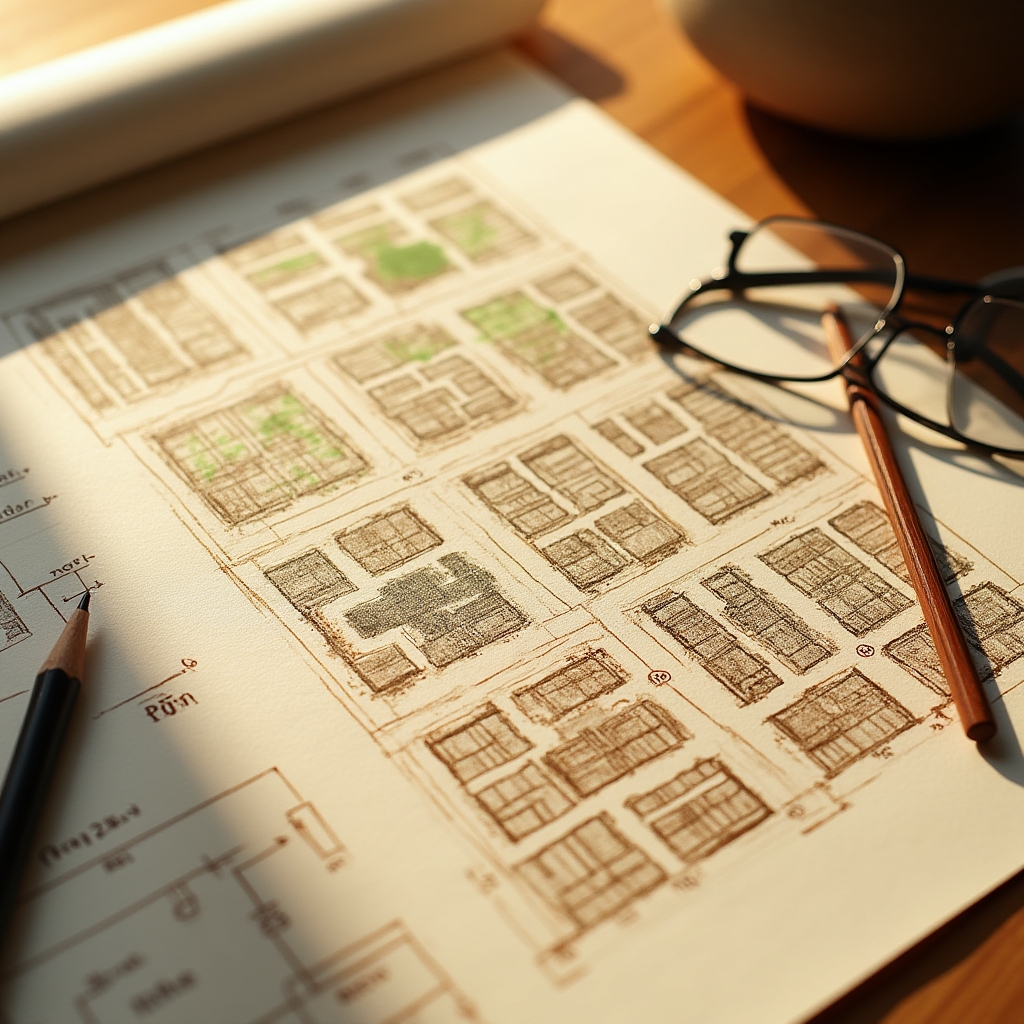 A hand-drawn style city block diagram on paper showing streets, building footprints, and a small park