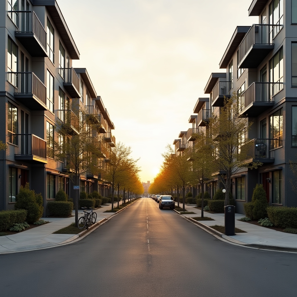 A residential street showing a mix of small apartment buildings and townhouses at moderate density