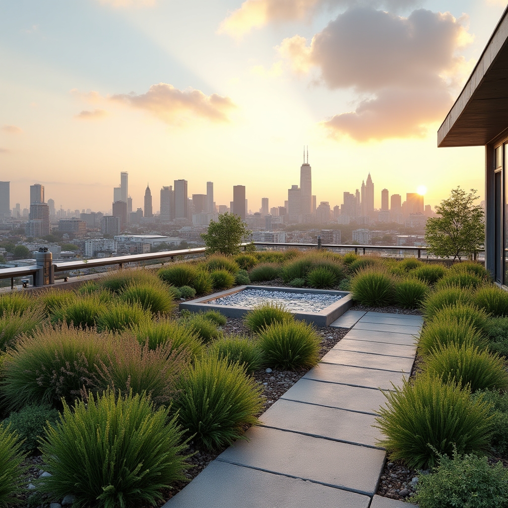A rooftop garden with drought-tolerant plants and a small rainwater collection basin above a city street
